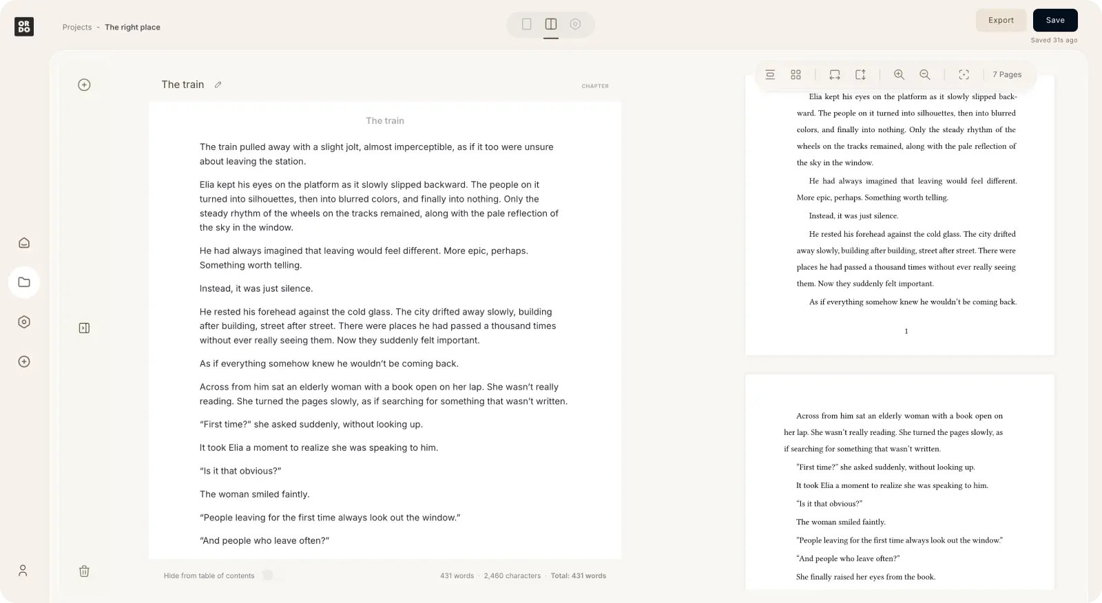 Screenshot of Ordo book editor with real-time page layout preview