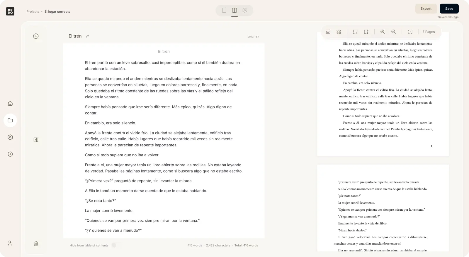 Captura de pantalla del editor Ordo con vista previa de maquetación en tiempo real