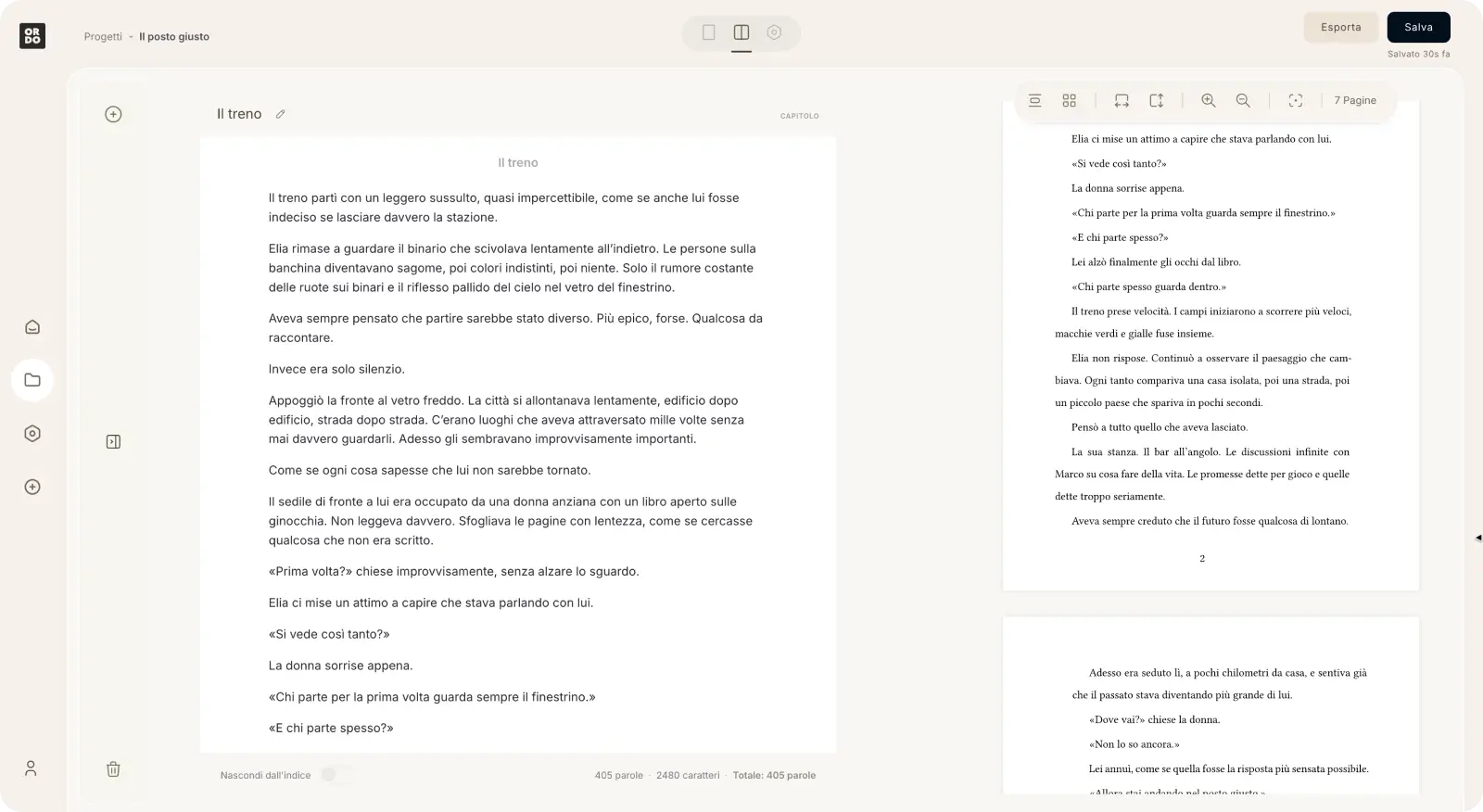 Screenshot dell'editor Ordo con anteprima impaginazione libro in tempo reale